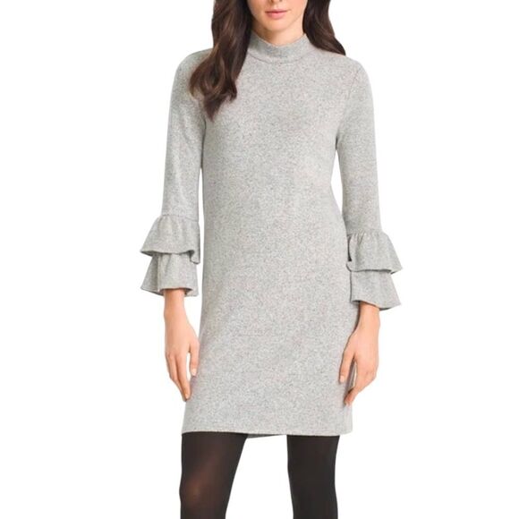 White House Black Market Heather Gray Fleece Bell Sleeve Dress Sz L - Picture 1 of 15